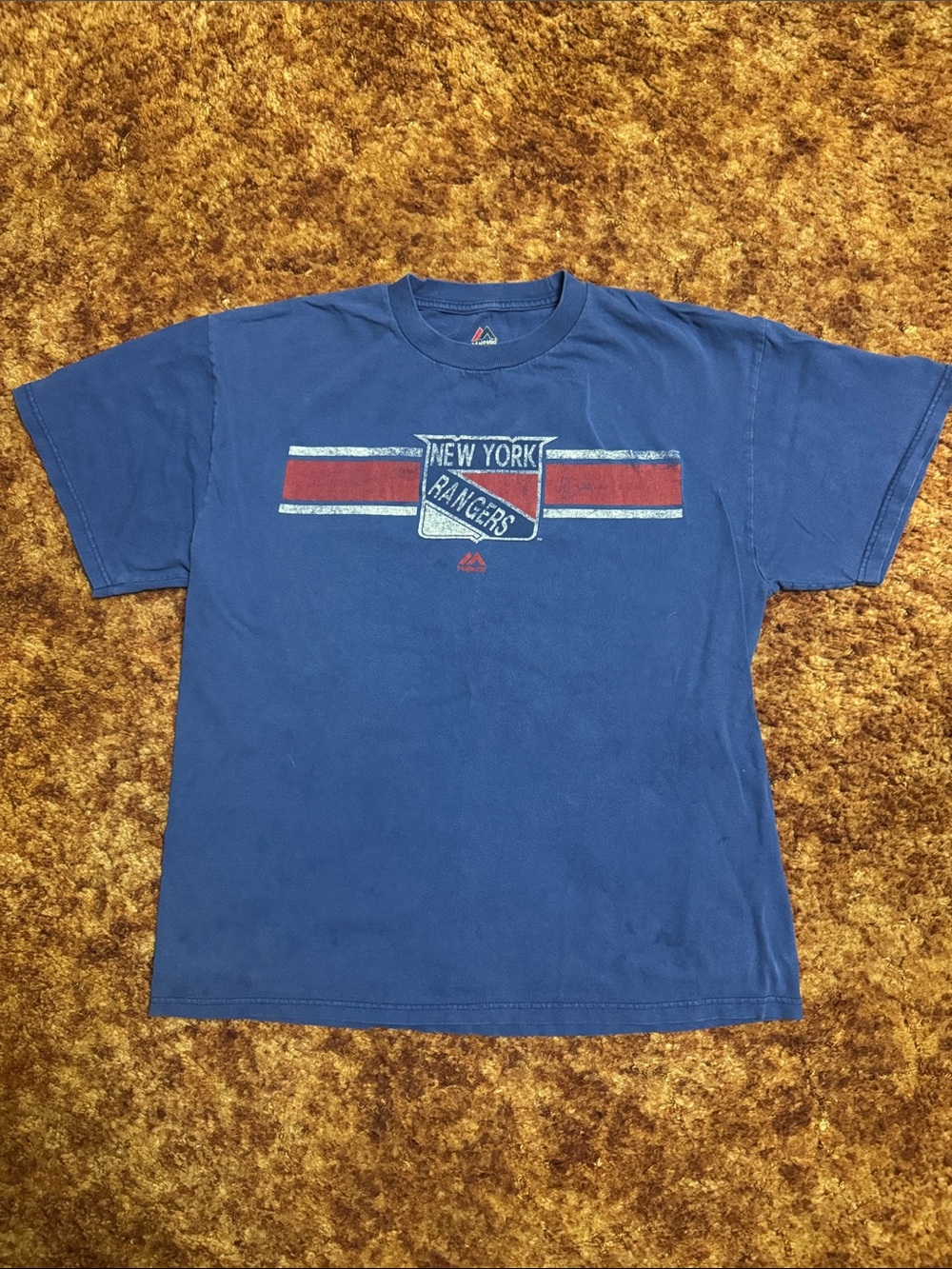 Majestic Blue New York Rangers Crest Tee with Red Stripe